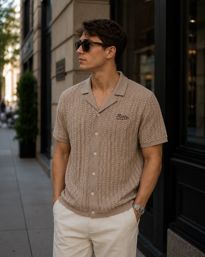 Chevron Lapel Full Placket Oat Polo image thumbnail