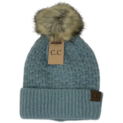 Image of C.C. Beanie Solid Smocked Stitch Fur Pom Beanie - HAT2080