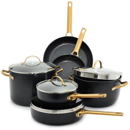 GreenPan Reserve Ceramic Nonstick 10-Piece Cookware Set, Black With Gold-Tone Handles image thumbnail