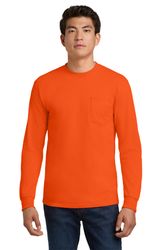 Image of Safety Orange T-Shirt w/ Pocket - Gildan - Long Sleeve 2410