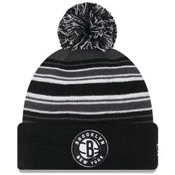 Image of Brooklyn Nets New Era Striped Cuffed Pom Knit Hat - Black