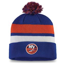 Image of New York Islanders Fanatics Authentic Pro Cuffed Pom Knit Hat - Royal/Orange