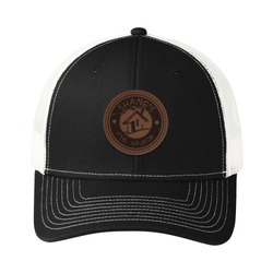 Image of Port Authority® Five Panel Leather Patch Trucker Cap