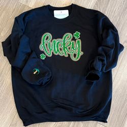 Image of Black Lucky Applique Crew - ADULT 