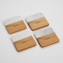 Image of White marble and wood coaster set