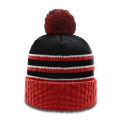 Image of Striped Beanie With Cuff and Pom