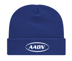Image of Knit Beanie with Cuff - Blue with white AAON logo embroidered
