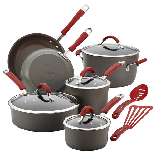 Rachael Ray Cucina 12-Piece Cookware Set Hard Anodized, Red Handles image thumbnail