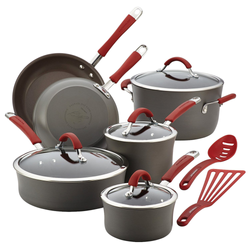 Image of Rachael Ray Cucina 12-Piece Cookware Set Hard Anodized, Red Handles