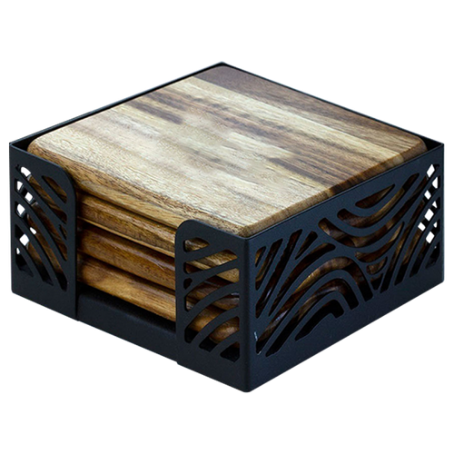 Acacia Wood Coaster: 4 Piece Round Set with Black Metal Stand image thumbnail