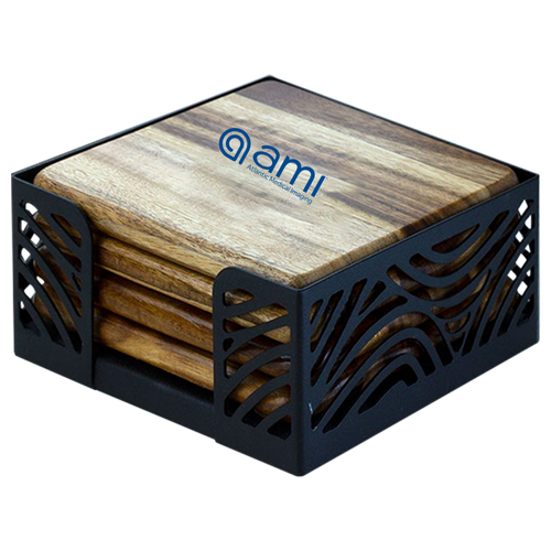 Acacia Wood Coaster: 4 Piece Round Set with Black Metal Stand image thumbnail