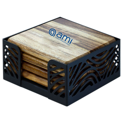 Image of Acacia Wood Coaster: 4 Piece Round Set with Black Metal Stand