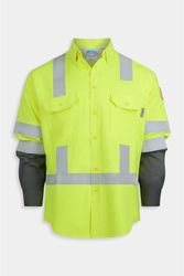 Image of Aloha 5.3 oz. CAT2 Inherent FR RipStop HiVis Yellow Short Vented 2T Snap Collar Shirt w/ 5.8oz Charcoal Contrast