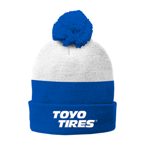 Blue/White Knit Beanie with Pom image thumbnail
