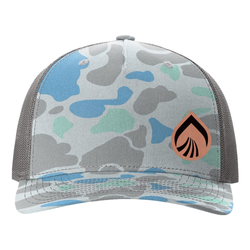 Image of 112PFP Richardson Duck Camo Five-Panel Trucker Cap - Raindrop Leather Patch Left Panel (UGLP)