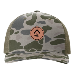 Image of 112PFP Richardson Duck Camo Five-Panel Trucker Cap - Cicrle Leather Patch CENTER (UGLP)