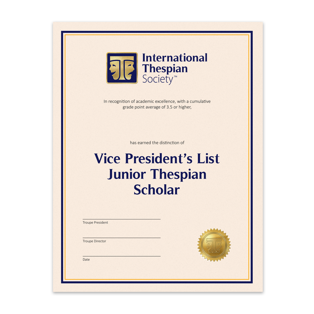 Jr. Thespian Vice President List Scholar Certificate (Pack of 5) primary image