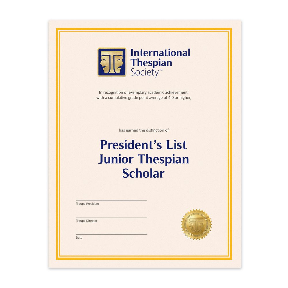 Jr. Thespian President List Scholar Certificate (Pack of 5)  primary image