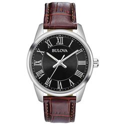 Image of Bulova Men's Quartz Brown Leather Strap Watch, Black Dial