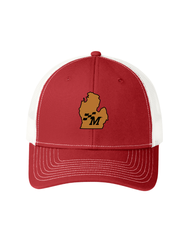 Image of Snapback Trucker Cap - Michigan Faux Leather Patch Red