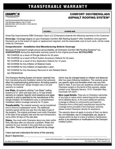 Comfort 365 Asphalt Roofing Warranty (500 per pack) image thumbnail