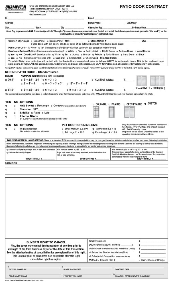 Patio Door Contract 100 per pack PRODUCT CONTRACT ONLY primary image