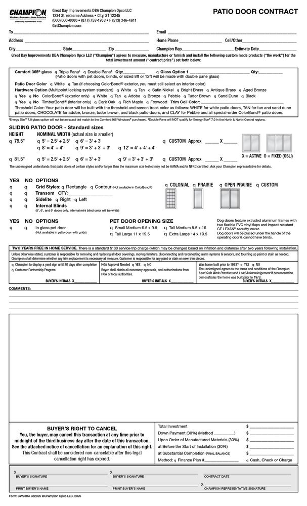 High Altitude Patio Door Contract 100 per pack PRODUCT CONTRACT ONLY primary image