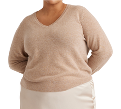 Image of Quince Ladies' Oatmeal Cashmere V-Neck Sweater (Curvy)
