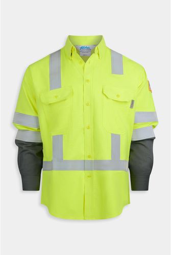 Aloha 5.3 oz. CAT2 Inherent FR RipStop HiVis Yellow Short Vented 2T Snap Collar Shirt w/ 5.8oz Charcoal Contrast Copy (1) image thumbnail