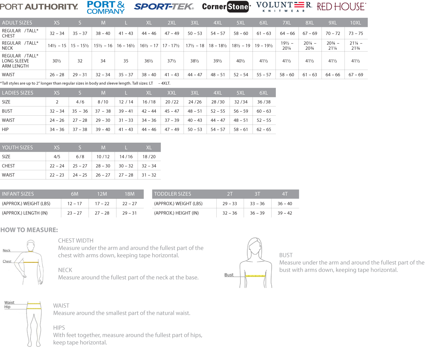Tek Chart size charts