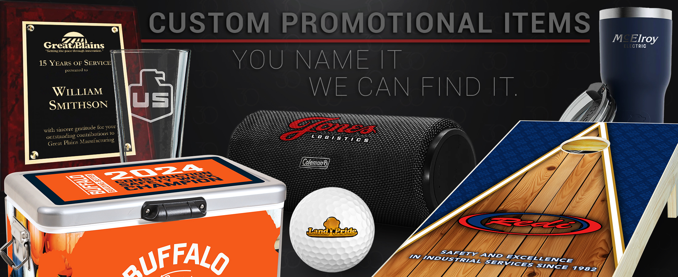 Various Promotional Products with text 