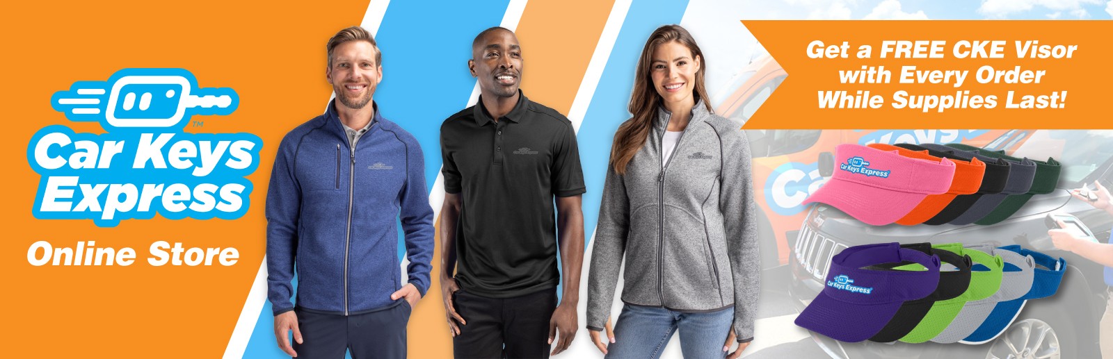 Car Keys Express online store banner with branded apparel and service vehicle.