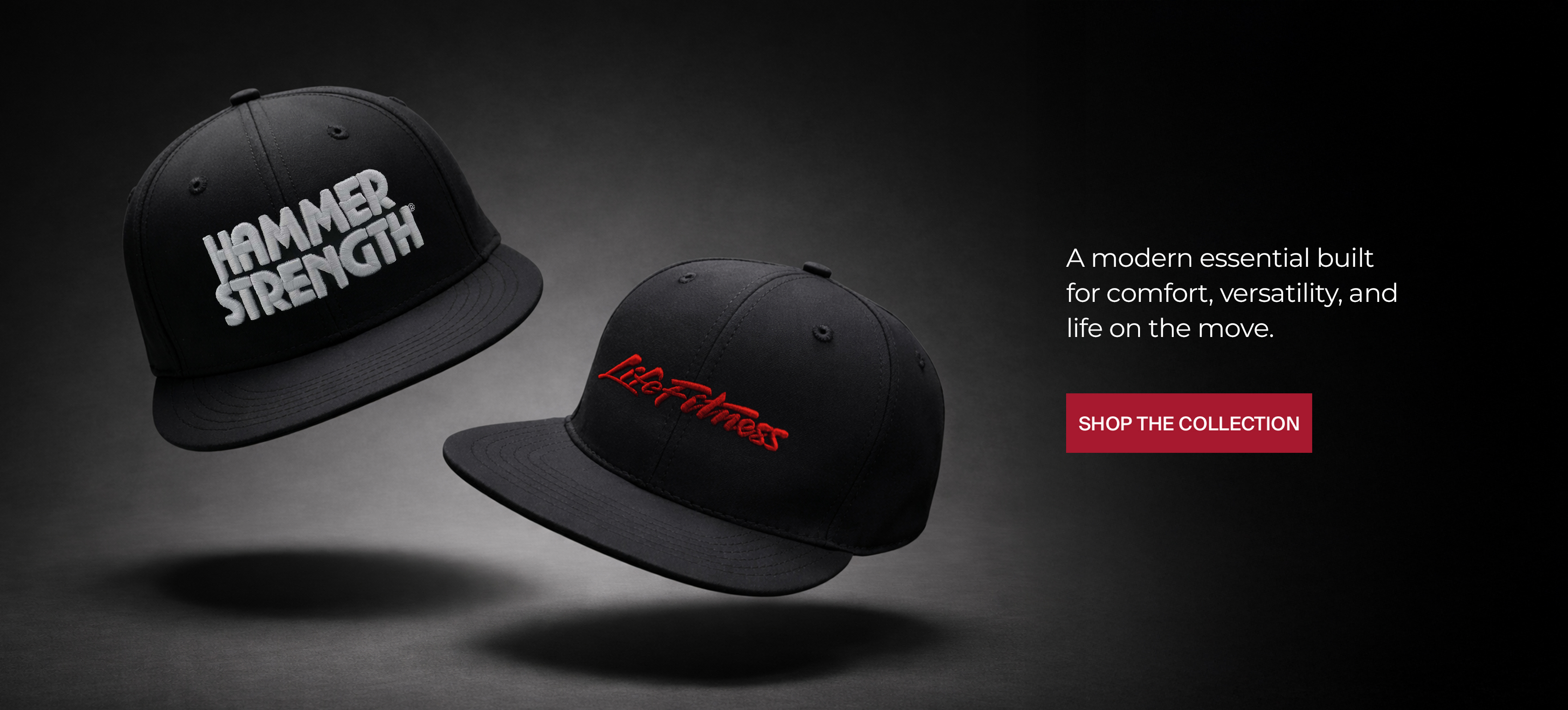 Two hats branded with Hammer Strength and Life Fitness logos. Text reads: 