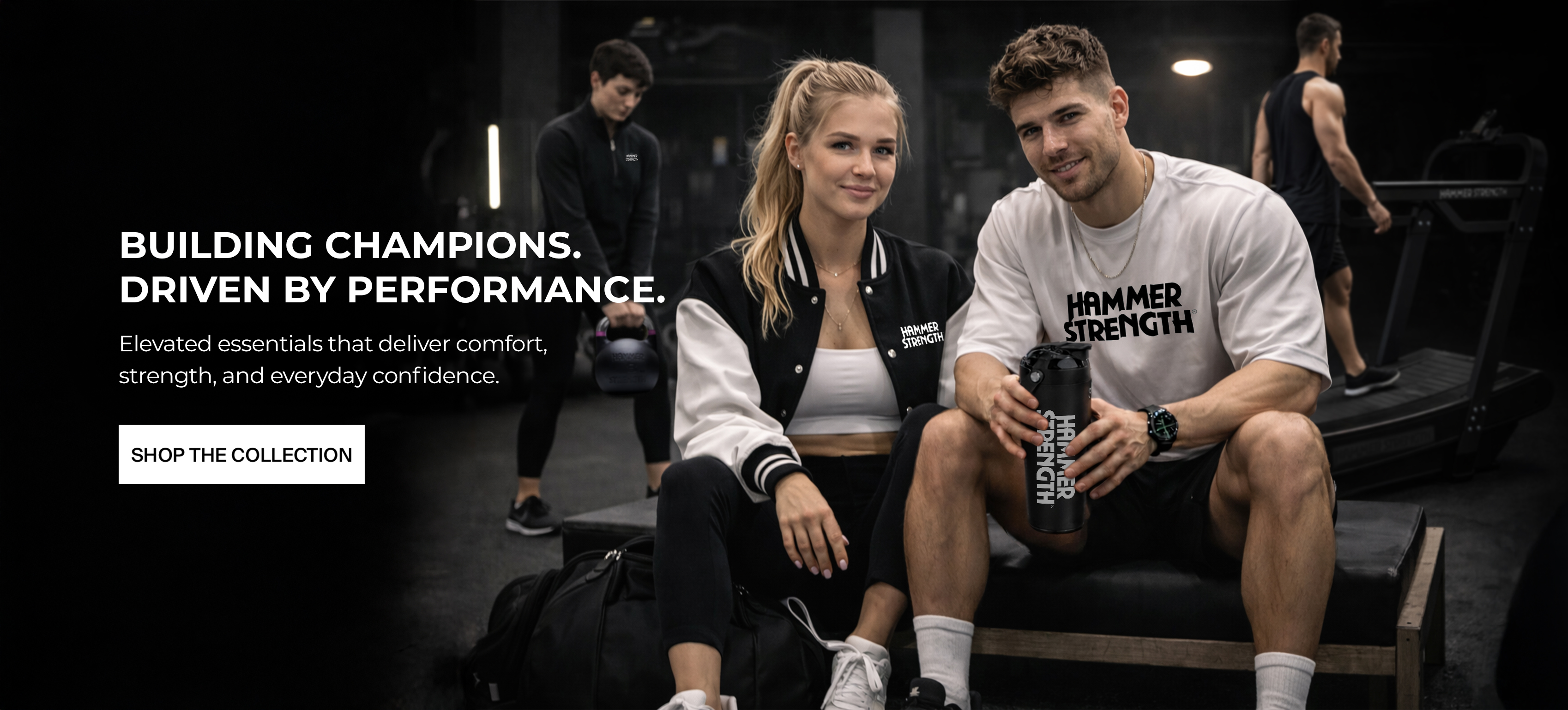 Two models at the gym wearing Hammer Strength merchandise. Text reads: 