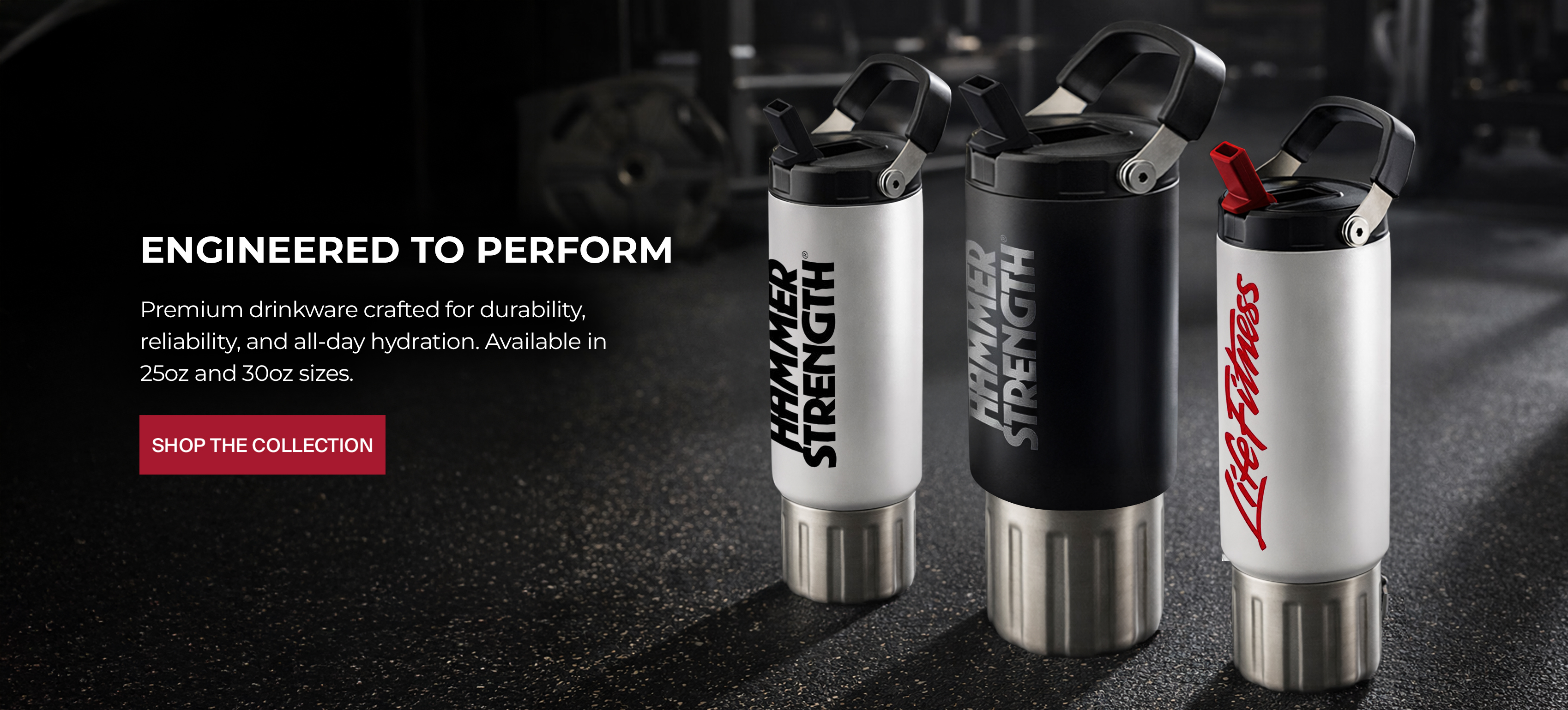Three water bottles with Life Fitness and Hammer Strength branding. Text reads: 