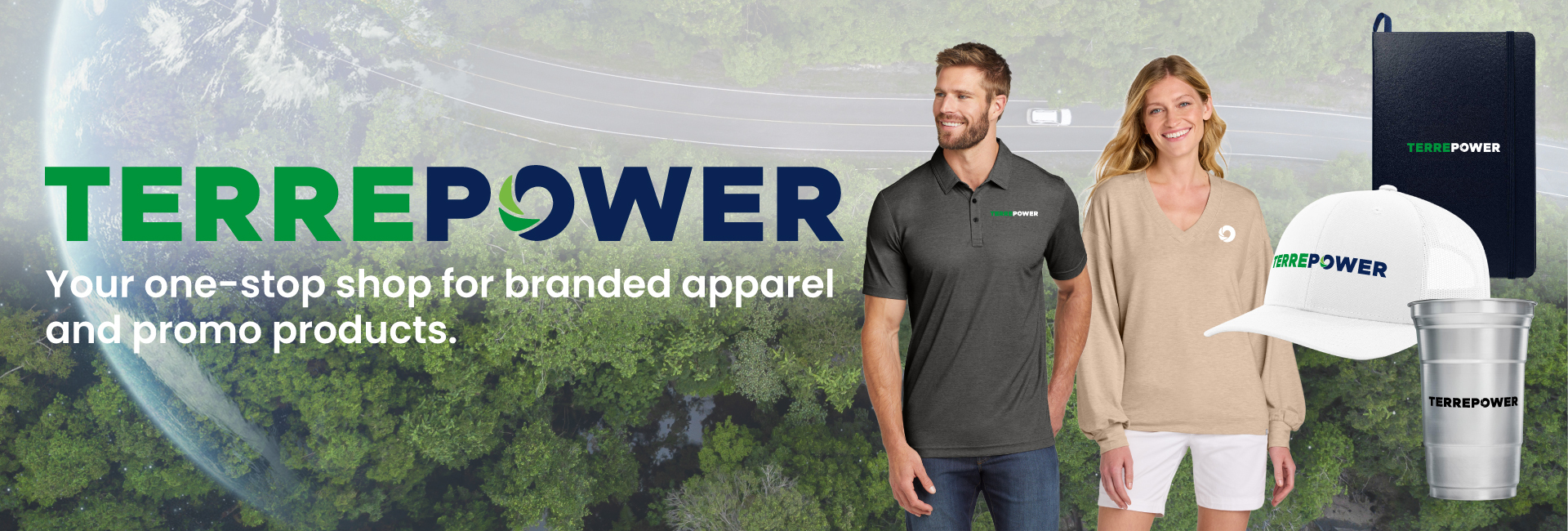 TERREPOWER banner showing branded apparel and promo products including clothing, cap, bag, and tumbler