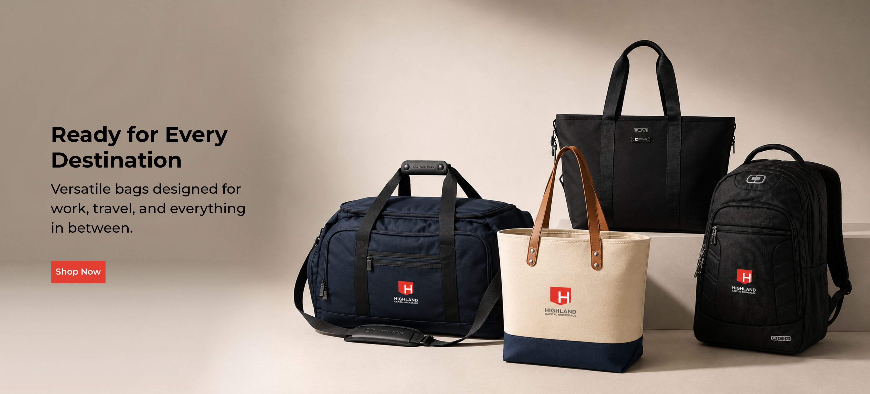 Totes, a duffel bag, and a backpack featuring Highland branding. Caption reads: 