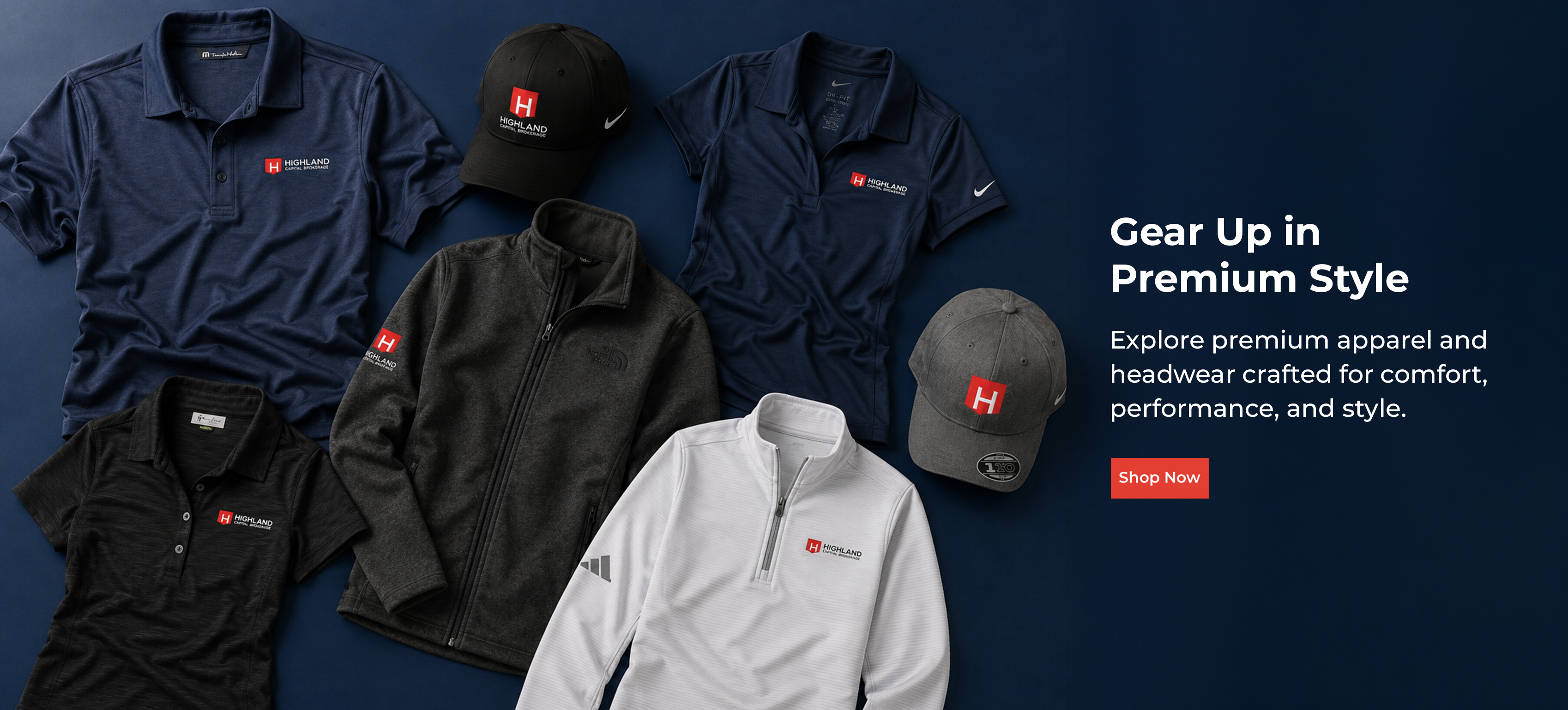 Assortment of polos, pullovers, and ball caps featuring Highland branding. Caption reads: 