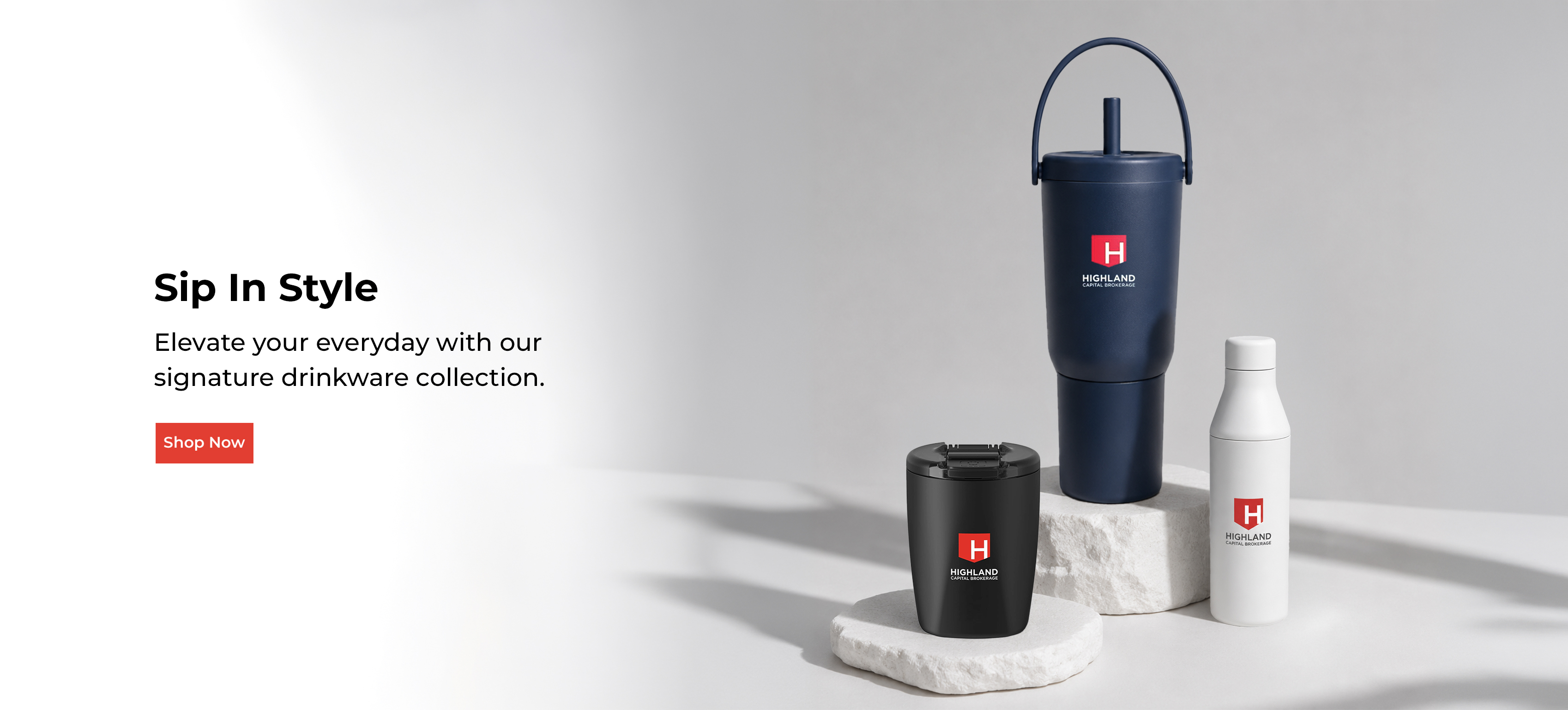 Assorted drinkware featuring Highland branding. Caption reads: 