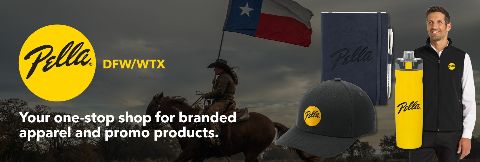 PELLA banner showing branded apparel and promo products including clothing, cap, bag, and tumbler