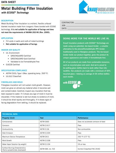 Metal Building Filler Insulation Data Sheet - pack of 25 image thumbnail